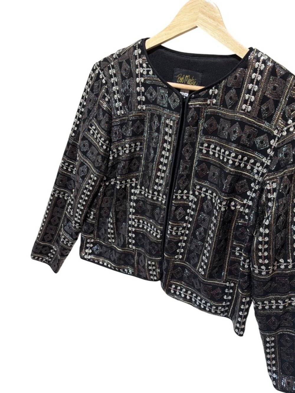 Bob Mackie Wearable Art Sequin Embellished Jacket Size 8 Black Metallic Geometri